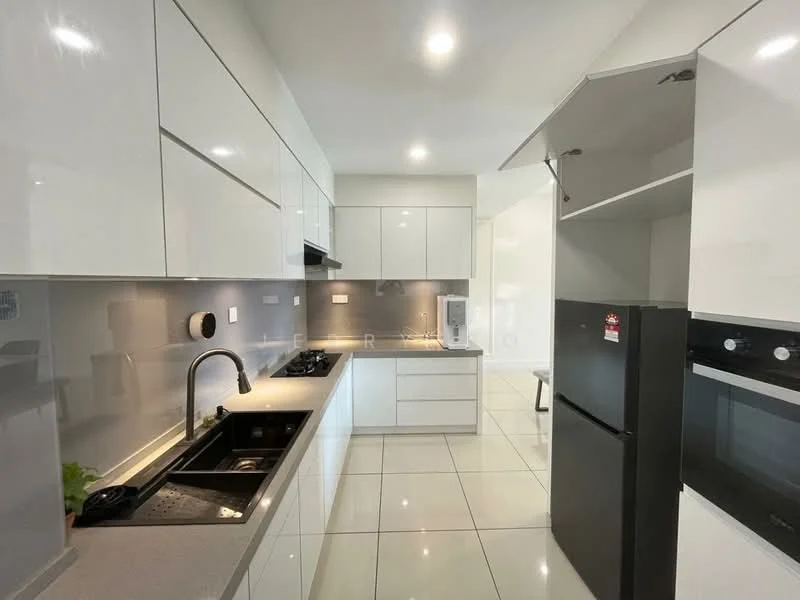 Kitchen features: white glossy cabinetry, black countertop, single-bowl stainless-steel sink, chrome pull-down faucet, built-in oven, freestanding black fridge, ceramic tile flooring, recessed LED downlights, grey backsplash, kitchen island, wall-mounted range hood, open shelving, modern cabinet handles, integrated appliances; style: modern.