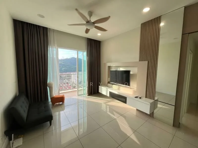 Living features: floor-to-ceiling windows, sliding glass door, curtains, 5-blade ceiling fan, wall-mounted TV, white TV console, grey accent wall, white tiled flooring, sofa in black, decorative chair in orange, recessed downlights, mirror wardrobe; style: modern; view: city.