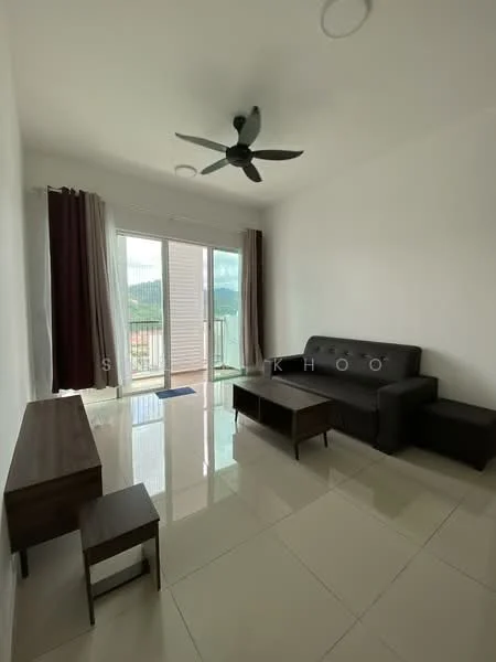 Living features: 3-seater fabric sofa in dark grey, coffee table, TV console, floor-to-ceiling windows, sliding glass door, curtains in dark maroon, white painted walls, glossy tile flooring, ceiling fan with light, decorative wall art; style: modern; view: mountain.