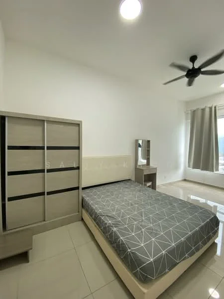 Bedroom features: queen-size bed with grey geometric-patterned bedding, upholstered headboard, built-in wardrobe with sliding doors, nightstand, mirror, floor-to-ceiling window with sheer curtains, ceiling fan, glossy tile flooring, white painted walls, recessed ceiling light; style: modern; view: city.