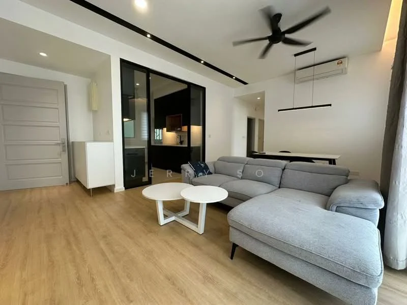 Living features: light grey fabric sectional sofa, white coffee table, 5-blade ceiling fan with light, recessed downlights, laminate flooring, large window with sheer curtains, wall-mounted air conditioning unit, open layout to dining area, decorative wall paneling, neutral wall color; style: modern.