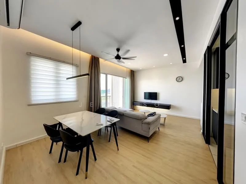 Living features: 3-seater fabric sofa in grey, coffee table, wall-mounted TV, TV console, 5-blade ceiling fan with light, recessed downlights, floor-to-ceiling windows, curtains, wooden flooring, decorative wall clock, area rug; style: modern; view: city. Dining features: 6-seater dining table, black dining chairs, pendant lamp, open shelving, decorative items on table; style: modern.
