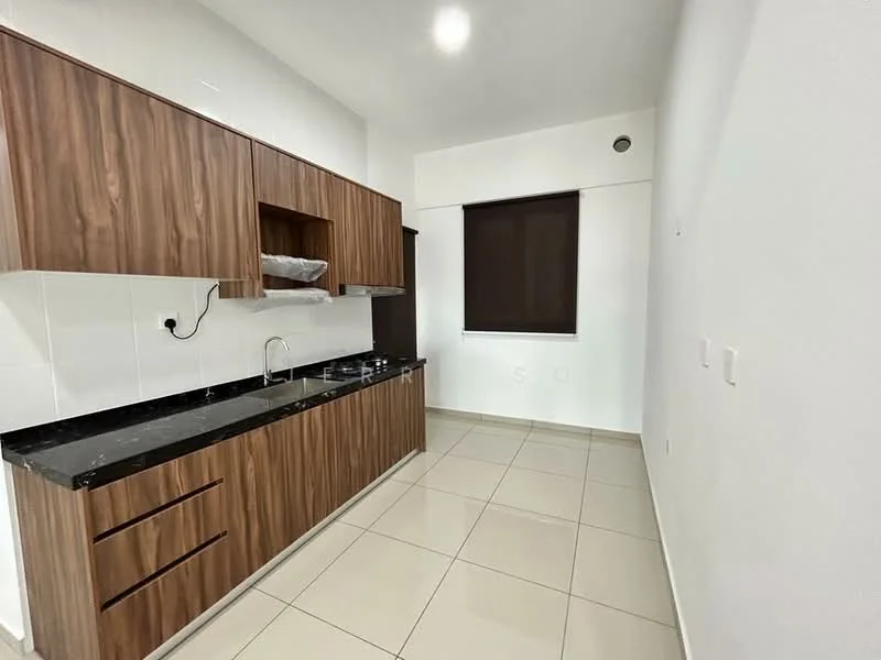 Kitchen features: brown wooden cabinetry, black granite countertop, stainless-steel sink, chrome faucet, built-in gas hob, white tiled backsplash, cream tiled flooring, window with brown roller blinds, wall-mounted electrical outlets, LED ceiling lights; style: modern.