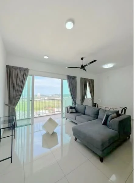 Living features: grey fabric L-shape sectional sofa, white walls, glossy tile flooring, 5-blade ceiling fan with light, floor-to-ceiling sliding glass doors, sheer curtains, recessed ceiling lights, decorative throw pillows, small glass side table; style: modern; view: garden.