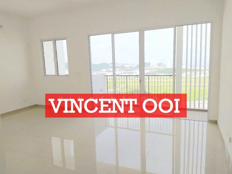 Living features: white painted walls, glossy ceramic tile flooring, floor-to-ceiling windows, sliding glass door, city view, natural light, roller blinds; style: modern; view: city.