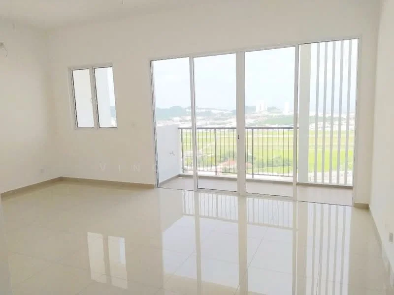 Room features: white painted walls, glossy ceramic tile flooring, floor-to-ceiling windows, sliding glass door, balcony access, natural light, city view, minimalist decor; style: modern; view: city.