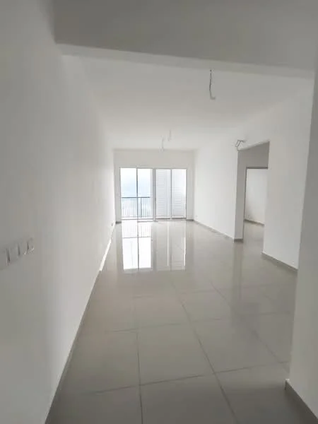 Room features: white painted walls, glossy ceramic tile flooring, floor-to-ceiling windows, sliding glass door, natural light, recessed downlights, open layout, neutral color palette; style: modern; view: city.