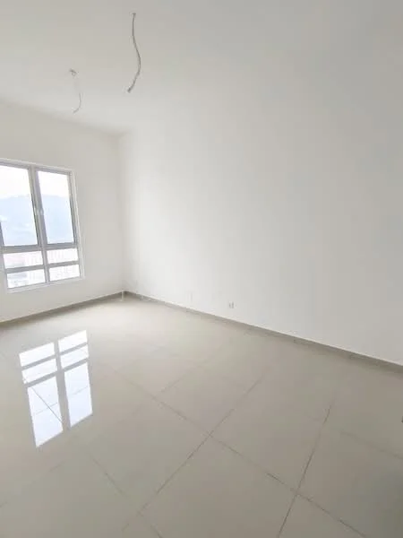 Room features: white painted walls, glossy ceramic tile flooring, floor-to-ceiling windows, natural light, no visible furniture, minimalist design, neutral color scheme, high ceiling; style: minimalist; view: city.