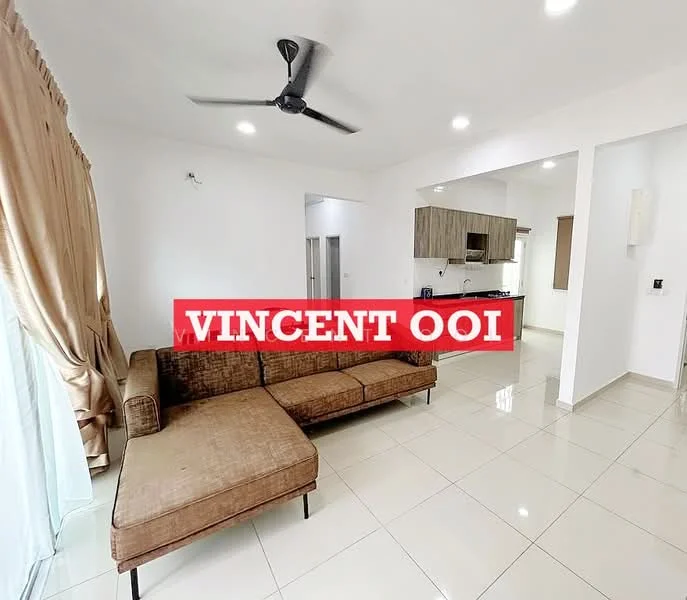 Living features: 3-seater fabric sofa in brown, ceiling fan, white painted walls, glossy ceramic tile flooring, large windows with sheer curtains, open layout to kitchen, light-colored cabinetry in kitchen, recessed lighting; style: modern.