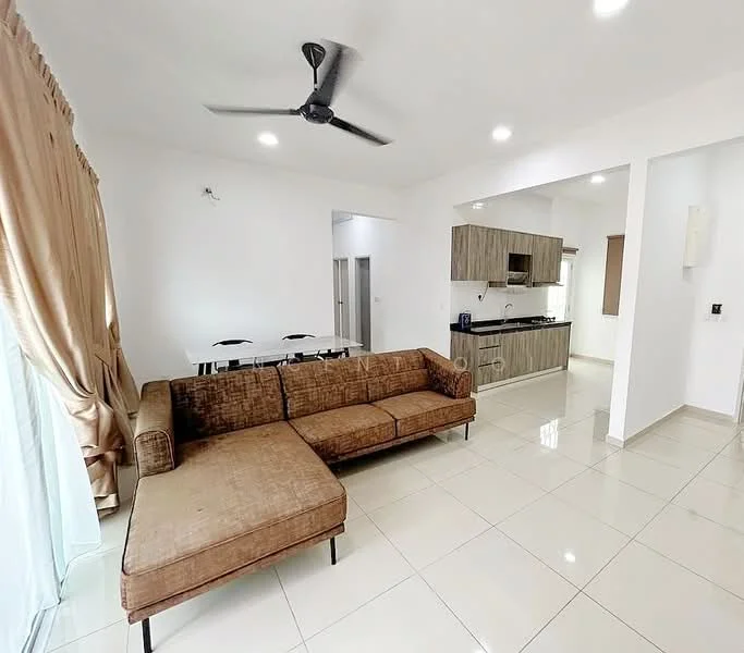 Living features: L-shape sectional sofa in brown fabric, ceiling fan with light, white painted walls, glossy tile flooring, large windows with sheer curtains, dining table with chairs visible in background, kitchen cabinetry in wood finish, built-in kitchen appliances visible, recessed lighting, open layout to dining and kitchen area; style: modern.