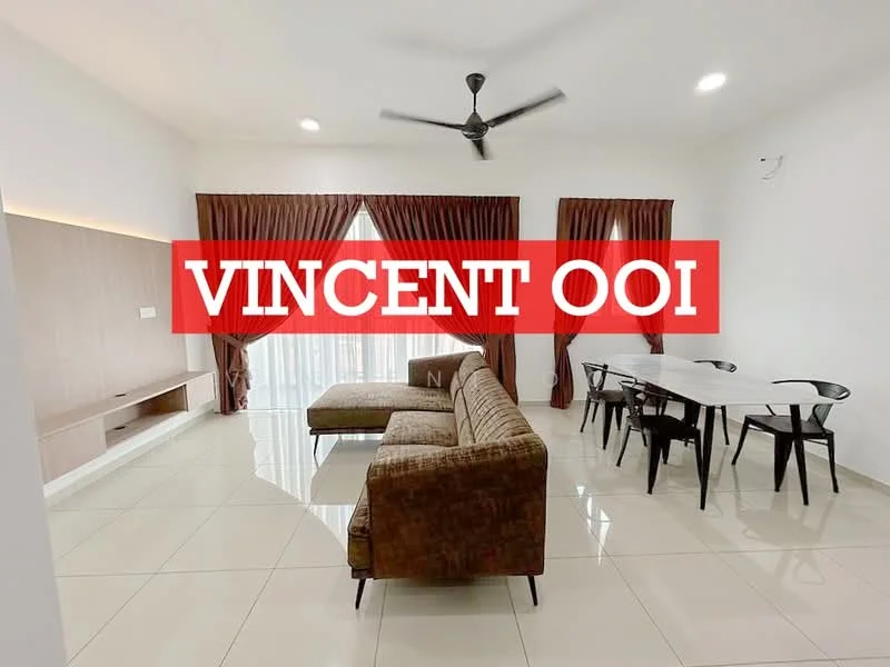 Living features: 3-seater fabric sofa in brown, ceiling fan, flat-screen TV mounted on wall, wooden TV console, dining table for 6 with black chairs, white walls, tile flooring, curtains in dark brown, large windows with natural light; style: modern.