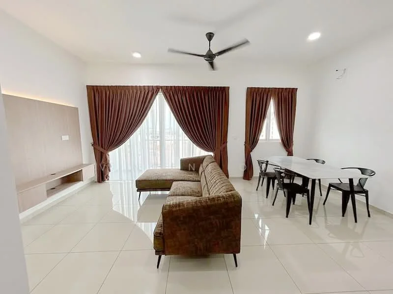 Living features: 3-seater fabric sofa in brown, coffee table, TV console, wall-mounted TV, floor-to-ceiling windows, sheer curtains, blackout curtains, 5-blade ceiling fan with light, white painted walls, glossy tile flooring, decorative wall panel, dining table with black chairs; style: modern.
