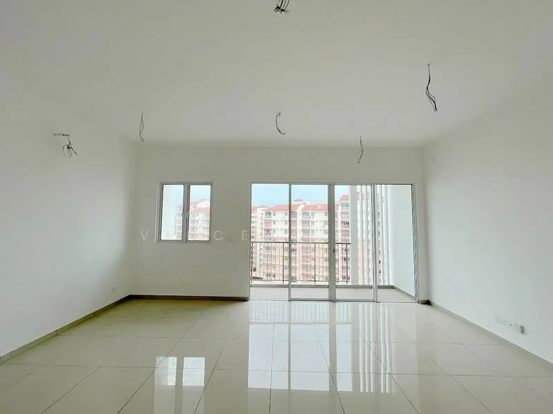 Living features: white painted walls, polished ceramic tile flooring, floor-to-ceiling windows, sliding glass door, city view, recessed downlights, multiple ceiling wires for lighting; style: modern; view: city.