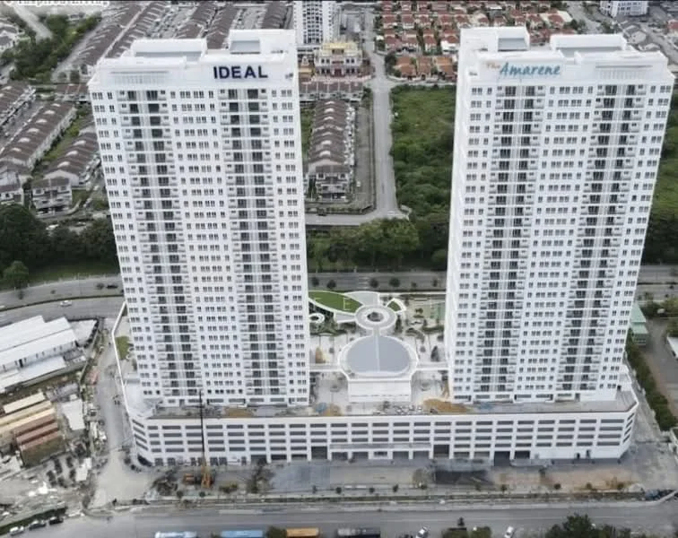 Exterior type: high-rise condominium; features: two tall residential towers, white painted facade, glass curtain wall, landscaped garden area in between towers, outdoor seating area, surrounding urban context, parking structure at base, manicured lawn, paved walkways, adjacent residential area, multiple balconies on each tower; style: modern.