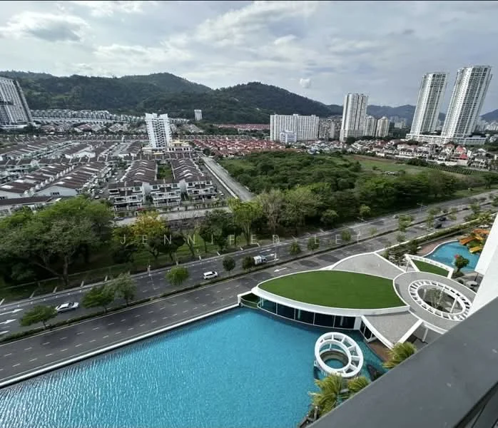 Exterior type: high-rise condominium; features: infinity pool, landscaped garden, surrounding greenery, city skyline view, multi-storey buildings in background, road with vehicles, residential area with houses, mountain view; style: modern.