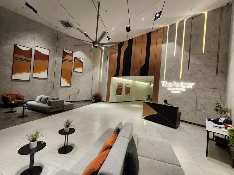 Living features: grey fabric sofa, 2-seater sofa, 3-seater sofa, black coffee tables, decorative plants in pots, wall-mounted air conditioning unit, pendant lighting, high ceiling, textured wall with grey and brown tones, artwork on walls, reception desk, feature wall with lighting; style: modern.