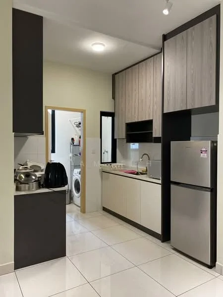 Kitchen features: white cabinets with wood accents, stainless-steel fridge, built-in oven, 4-burner gas hob, single-bowl stainless-steel sink, chrome pull-down faucet, white tiled backsplash, ceramic tile flooring, recessed downlights, washing machine, open shelving, countertop with storage below; style: modern.