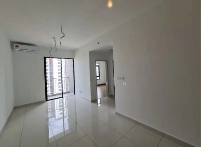 Living features: white painted walls, glossy ceramic tile flooring, floor-to-ceiling windows, sliding glass door, 1 wall-mounted split AC, recessed downlights, hanging decorative light fixture; style: modern; view: city.