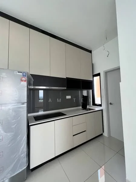 Kitchen features: black and beige cabinetry, white countertop, built-in sink, stainless-steel fridge, ceramic tile flooring, black backsplash, wall-mounted cabinets, under-cabinet lighting; style: modern.