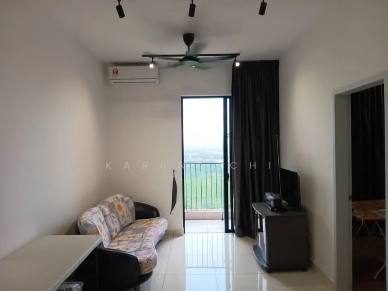 Living features: 3-seater fabric sofa with floral pattern, floor-to-ceiling window, blackout curtains, wall-mounted TV, TV console, 1 wall-mounted split AC, ceiling fan with light, glossy tile flooring, white painted walls; style: modern; view: city.