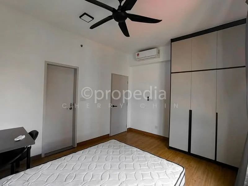 Bedroom features: wooden flooring, white painted walls, 5-blade ceiling fan, wall-mounted split AC, built-in wardrobe with grey and white finish, single door, desk, mattress on bed frame; style: modern.