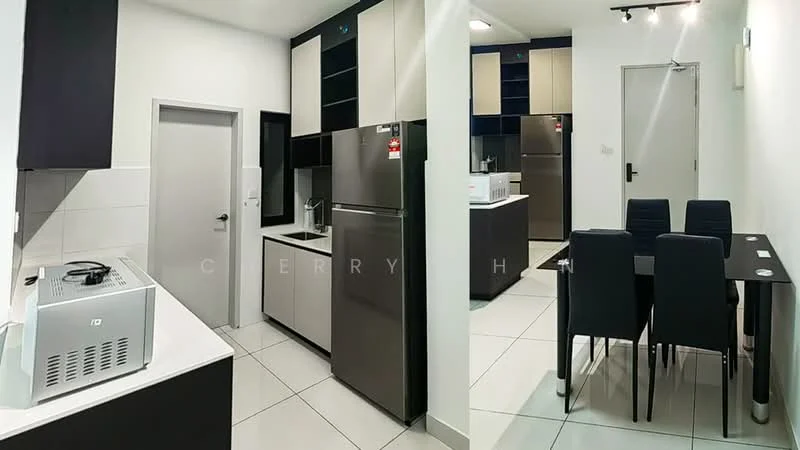Kitchen features: white tiled walls, grey laminate cabinetry, stainless-steel fridge, built-in microwave, ceramic cooktop, stainless-steel sink, chrome pull-down faucet, white countertop, tile flooring, recessed downlights; style: modern. Dining features: 4-seater dining table, black dining chairs, tile flooring, wall-mounted light fixture; style: modern.