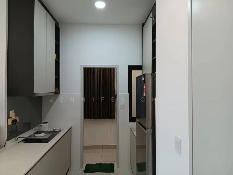 Kitchen features: white cabinetry, black upper cabinets, stainless-steel fridge, built-in cooktop, white countertop, tile backsplash, recessed ceiling lights, white walls, glossy floor tiles, green mat on floor; style: modern. Room features: doorway leading to another room, curtains on window.