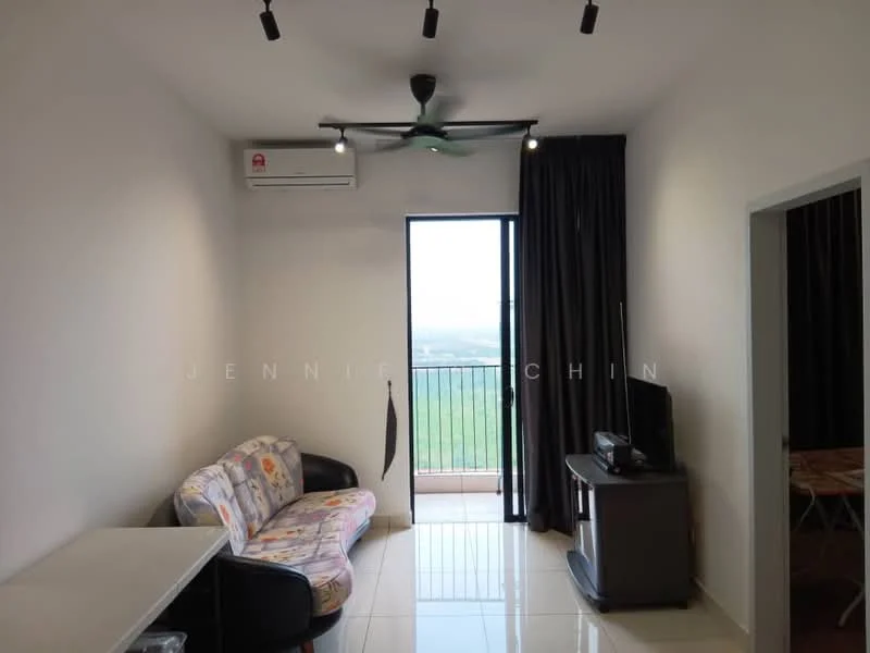 Living features: 3-seater fabric sofa with floral pattern, floor-to-ceiling window, blackout curtains, wall-mounted TV, TV console, 1 wall-mounted split AC, ceiling fan, glossy tile flooring, white painted walls; style: modern; view: city.