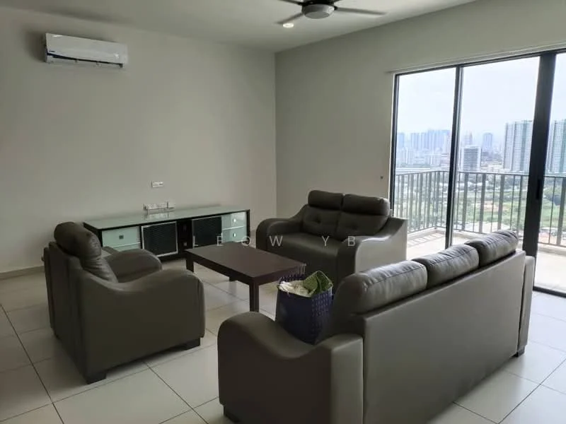 Living features: 2-seater leather sofa in grey, 3-seater leather sofa in grey, coffee table, floor-to-ceiling windows, city skyline view, wall-mounted split AC, light-colored walls, tile flooring, ceiling fan, decorative plant in pot; style: modern; view: city.