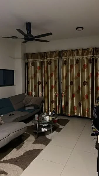 Living features: 3-seater fabric sofa in grey, L-shape sectional sofa, glass coffee table, area rug with geometric pattern, 5-blade ceiling fan, floor-to-ceiling windows, curtains with floral pattern, white painted walls, tile flooring; style: modern.