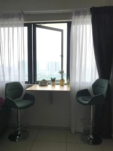 Room features: bar-height table, two green bar stools, floor-to-ceiling windows, sheer white curtains, dark grey blackout curtains, potted plants on table, tile flooring, city view; style: modern; view: city.