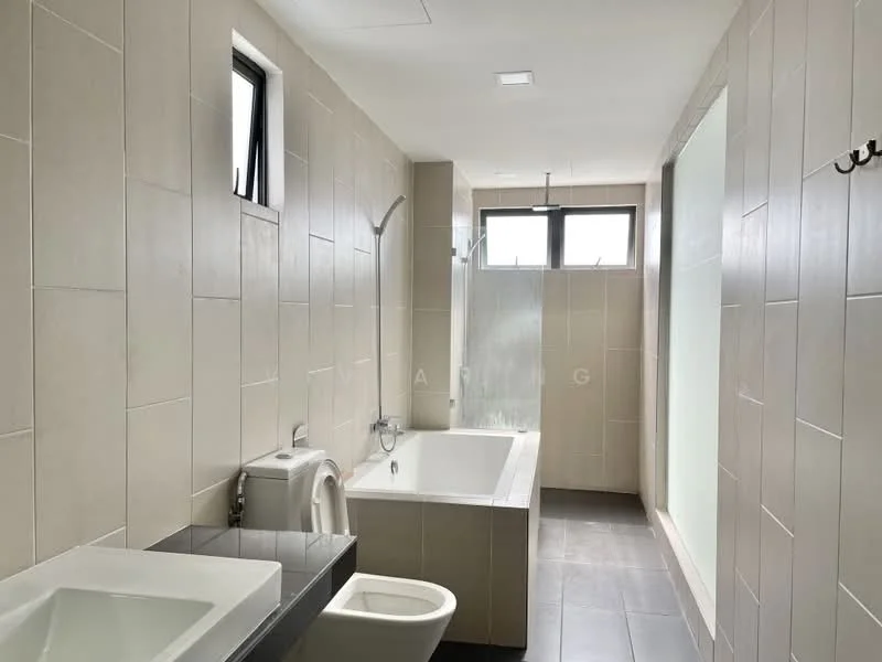 Bathroom features: bathtub, walk-in shower with glass enclosure, single-sink vanity with grey countertop, toilet, tile cladding on walls, grey tile flooring, two windows, recessed lighting, shower head, glass partition; style: modern.