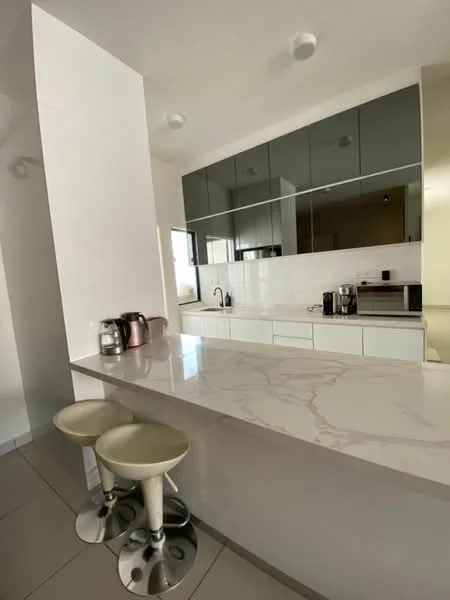 Kitchen features: white cabinetry, black upper cabinets, marble countertop, stainless-steel sink, chrome pull-down faucet, built-in microwave, freestanding coffee machine, toaster, 2 bar stools, tile flooring, recessed downlights, open layout; style: modern.