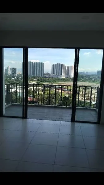 Room features: floor-to-ceiling windows, sliding glass door, balcony with railing, white walls, ceramic tile flooring, city view, natural light, open layout; style: modern; view: city.