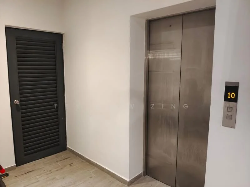 Room features: black louvered door, stainless-steel elevator doors, elevator control panel with number buttons, light-colored wooden flooring, white painted walls; style: modern.