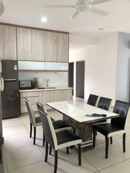 Kitchen features: light wood cabinetry, white countertop, stainless-steel fridge, built-in microwave, ceramic tile flooring, ceiling fan, dining table with marble top, 6 upholstered dining chairs, kitchen sink, wall-mounted cabinets, open shelving; style: modern.