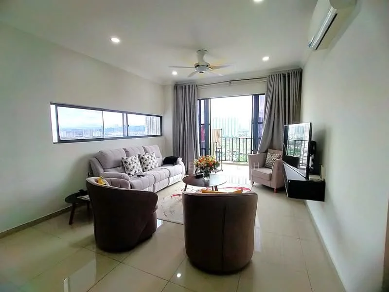 Living features: 3-seater fabric sofa in light grey, 2 armchairs in light grey, coffee table, TV console, wall-mounted TV, area rug with geometric pattern, floor-to-ceiling windows, curtains in light grey, ceiling fan with light, recessed downlights, polished tile flooring, decorative vase with flowers; style: modern; view: city.