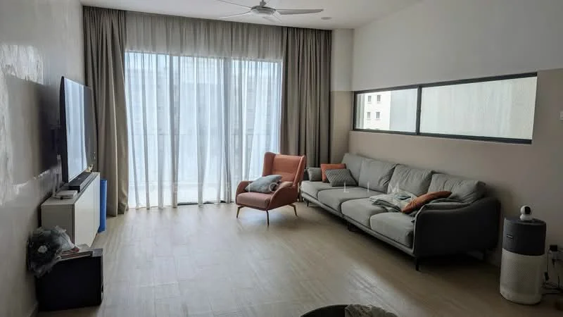 Living features: 3-seater fabric sofa in light grey, accent chair in orange, coffee table, wall-mounted TV, floor-to-ceiling windows, sheer curtains, light wood flooring, ceiling fan, decorative cushions, air purifier; style: modern.
