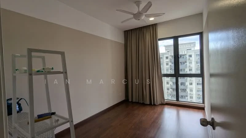 Bedroom features: wooden flooring, white painted walls, 5-blade ceiling fan with light, floor-to-ceiling window, curtains, built-in wardrobe, decorative shelving unit, city view; style: modern; view: city.