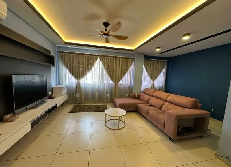 Living features: 3-seater fabric sofa in light brown, coffee table, wall-mounted TV, TV console, area rug, ceiling fan with light, recessed lighting, white painted walls, blue accent wall, floor-to-ceiling windows with sheer curtains, tile flooring, decorative wall shelf; style: modern.