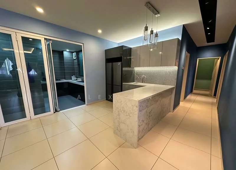 Kitchen features: marble countertop, grey flat-panel cabinets, stainless-steel fridge, built-in oven, chrome pull-down faucet, double-bowl stainless-steel sink, pendant lights, white tiled flooring, sliding glass door, backlit mirror, recessed downlights; style: modern. Room features: white walls, tile flooring, doorway leading to another room.