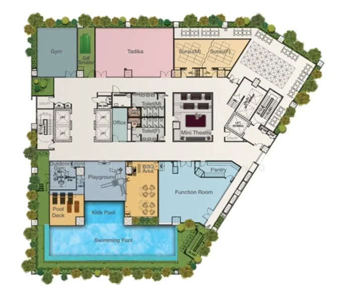 Floor plan: features: gym, function room, mini theatre, office, playground, kids pool, swimming pool, pantry, deck area, tadika, surau.