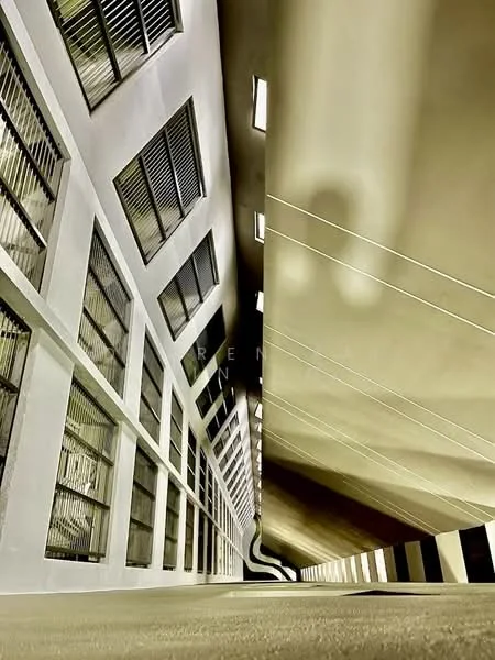 Exterior features: angled roof, large windows with horizontal slats, concrete walls, indirect lighting, open space, modern architectural design; style: modern.