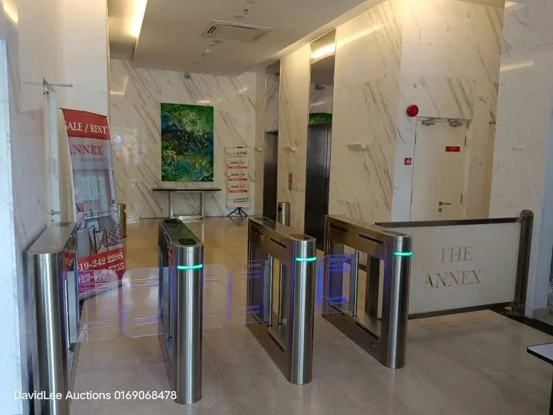 Room features: marble flooring, glass turnstile gates, elevator access, reception area, decorative wall art, signage for sale/rent, bright lighting, neutral wall color, modern design; style: modern.