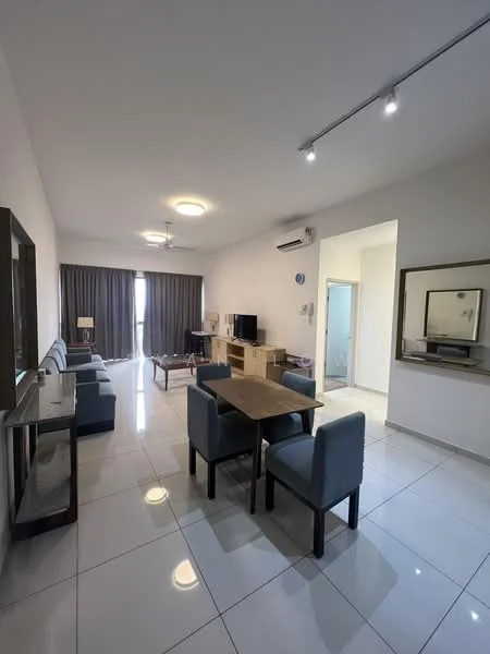 Living features: white painted walls, glossy tile flooring, 5-blade ceiling fan with light, sofa set in grey fabric, coffee table, TV console, wall-mounted TV, dining table with 4 chairs, floor-to-ceiling windows with sheer curtains, recessed downlights, decorative mirror, area rug; style: modern.