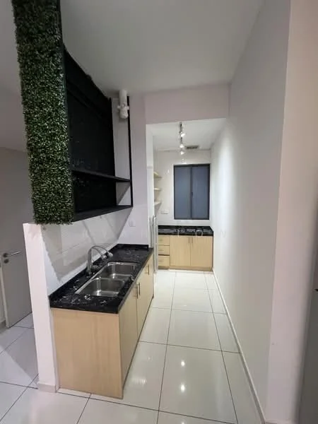 Kitchen features: single-bowl stainless-steel sink, chrome pull-down faucet, black granite countertop, light wood cabinetry, built-in oven, ceramic tile flooring, white painted walls, recessed downlights, floor-to-ceiling window, greenery wall feature; style: modern.