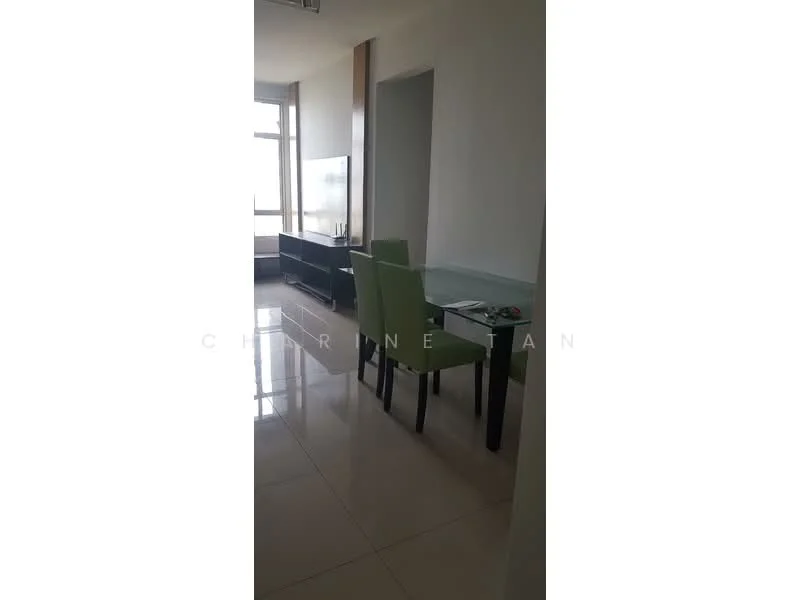 Room features: glossy tile flooring, large windows with natural light, light green dining chairs, black dining table, black TV console, wall-mounted TV, minimalist decor, neutral wall color; style: modern; view: city.
