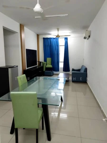 Living features: white painted walls, glossy tile flooring, 5-blade ceiling fan with light, wall-mounted TV, black TV console, glass dining table, 4 green dining chairs, blue curtains, sofa in blue fabric, window with natural light, 1 wall-mounted split AC; style: modern.