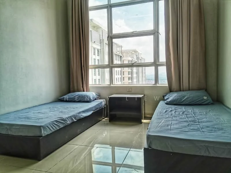 Bedroom features: two single beds with blue bedding, floor-to-ceiling windows, grey painted walls, glossy tile flooring, curtains in beige, nightstand, city view, natural light; style: modern; view: city.