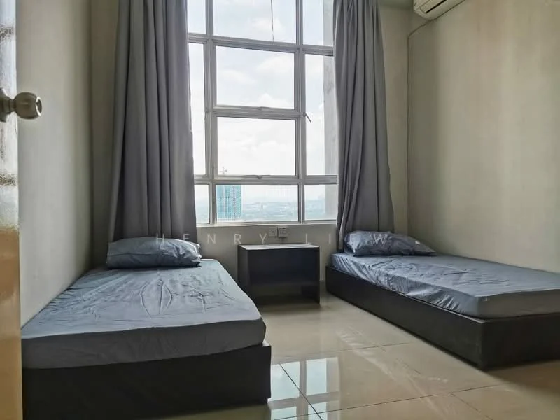 Bedroom features: two single beds with grey bedding, floor-to-ceiling windows, grey curtains, light-coloured walls, glossy tile flooring, air conditioning unit, nightstand, city view; style: modern; view: city.